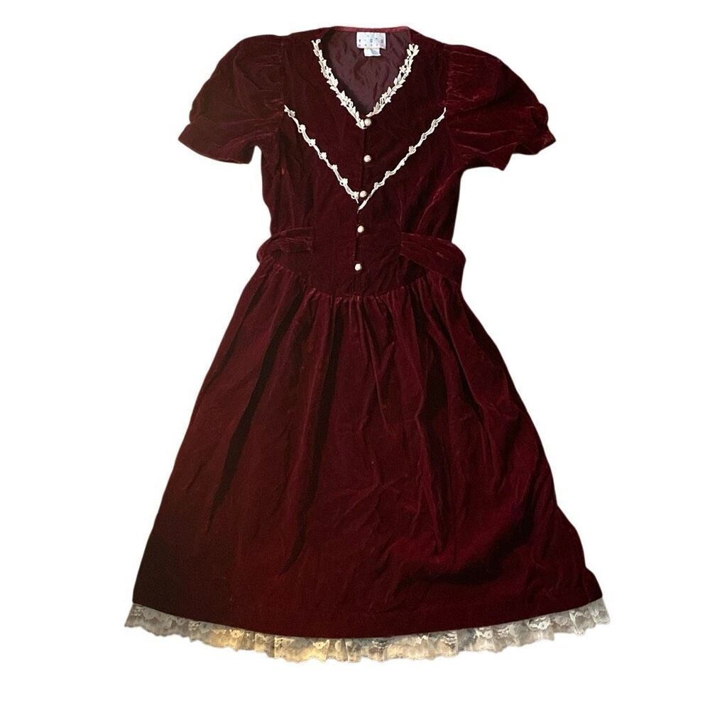 Vintage Red Velvet & Lace You Babes Girls 16 Holiday Christmas Victorian Dress